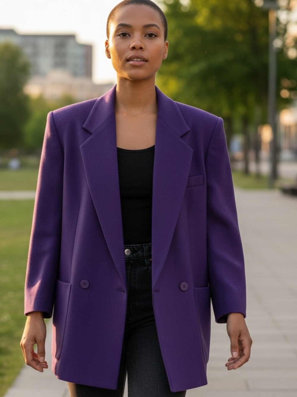 80s DELICIA WOOL PURPLE DOUBLE BREASTED WIDE LAPEL RELAXED FIT BOXY BLAZER SZ 12